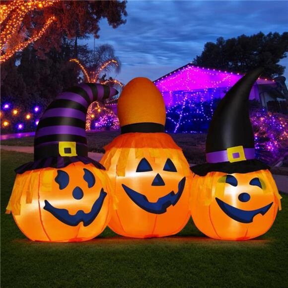 6.5 FT Halloween Inflatables Outdoor Pumpkin Combo with Wizard hat Blow - Picture 4 of 7